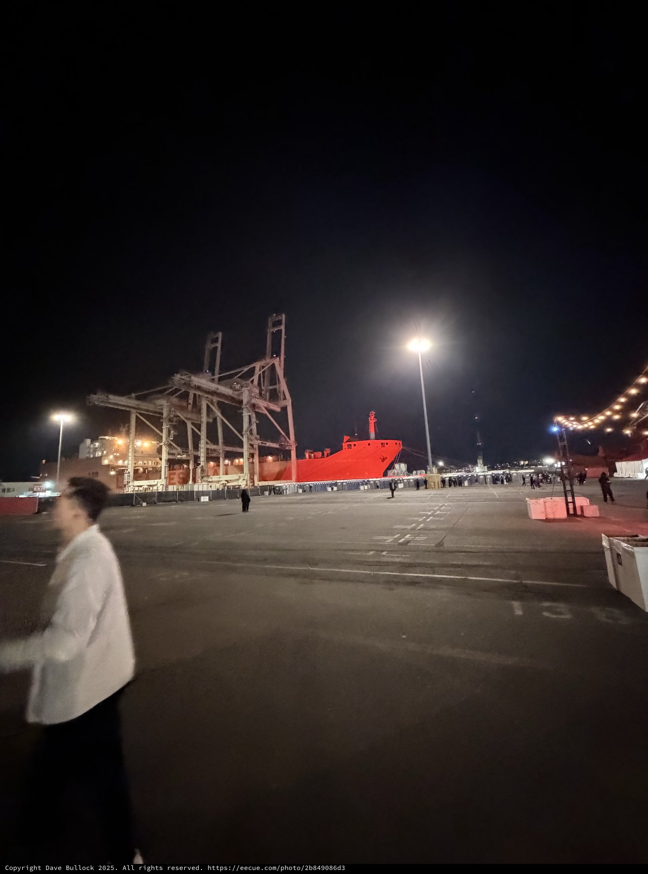 Industrial Port Night Scene with Red Cargo Ship