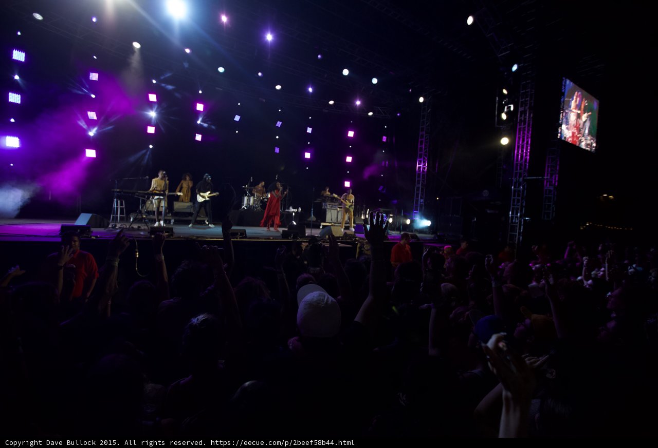 FYF Fest Wide Stage Solange Band Video Screen Spotlight Beams Purple Magenta