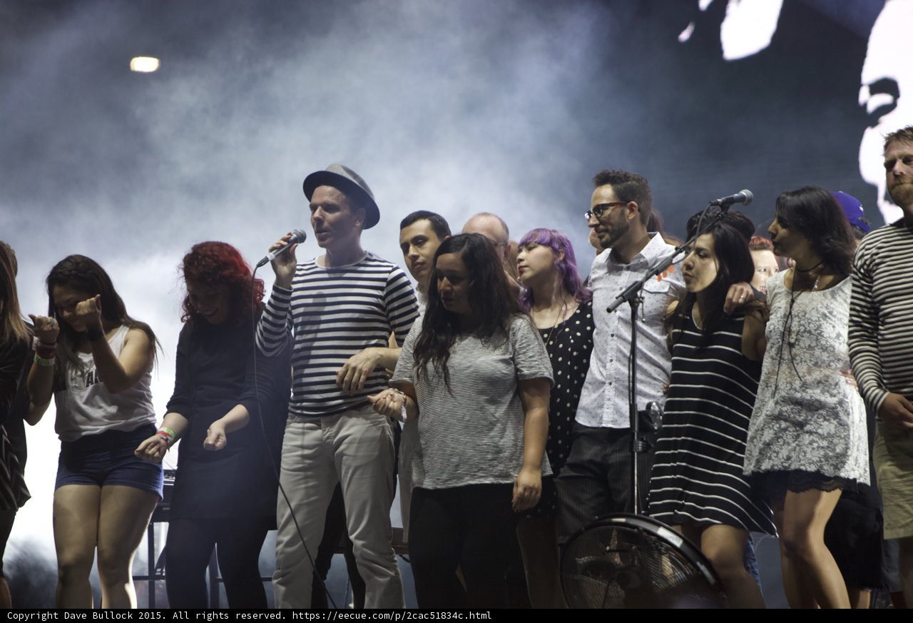 FYF Fest Stage Fedora Man Singing Red Hair Purple Hair Video Screen Haze Finale