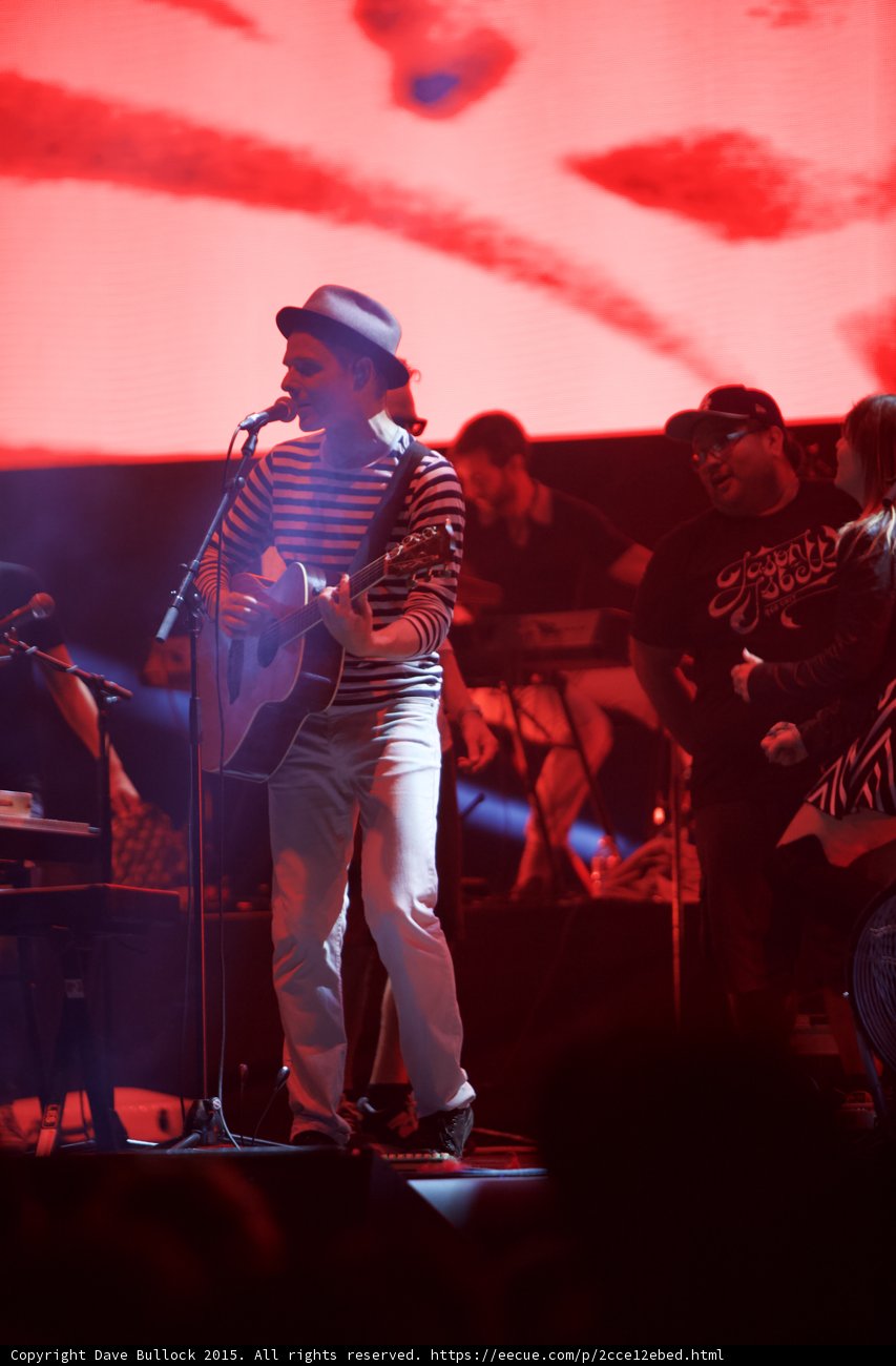 Belle and Sebastian Stuart Murdoch Full Body Acoustic Guitar Fedora Striped Shirt Man Cap Red
