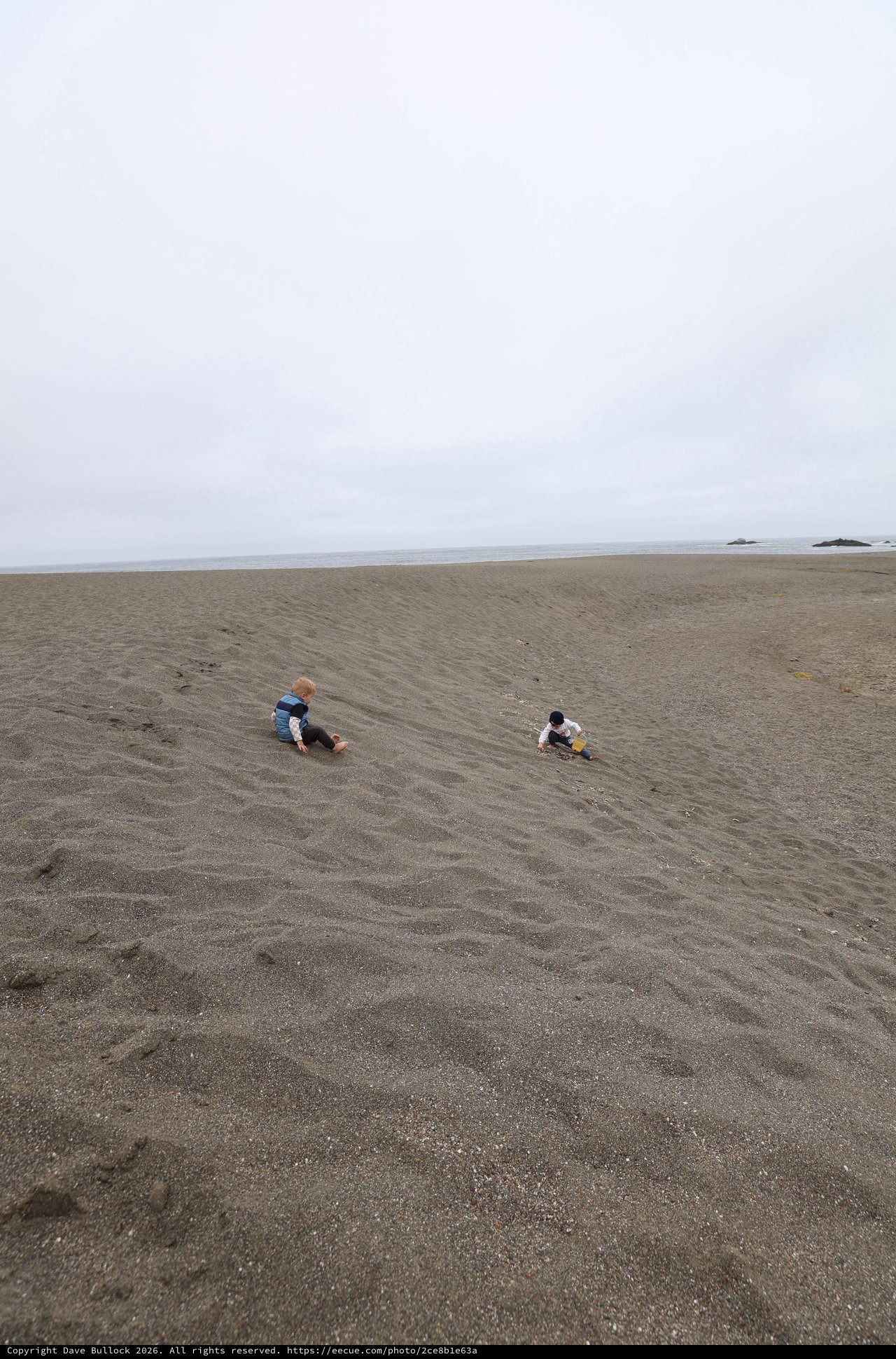 Two Children Playing on a Vast Grey Beach