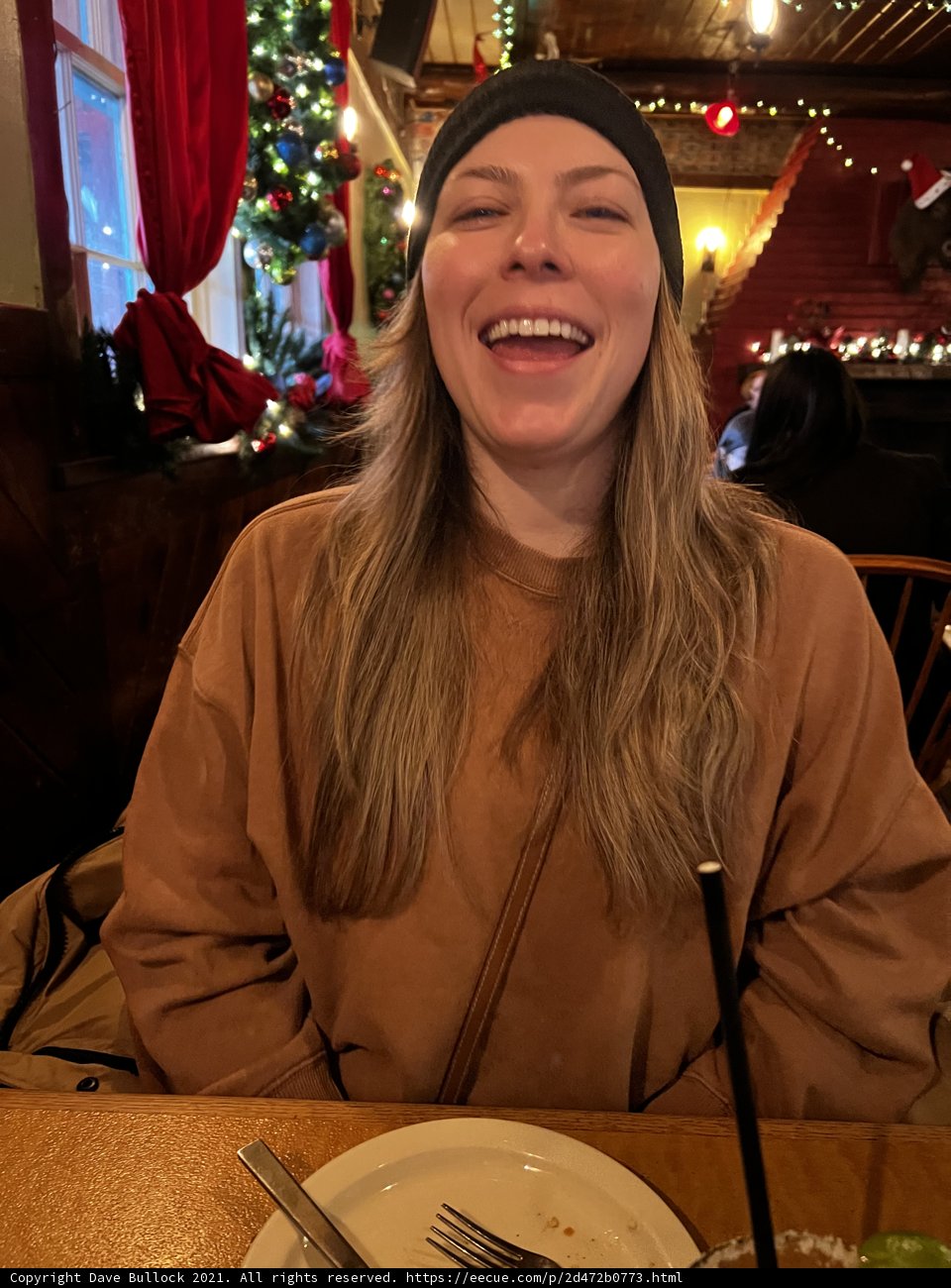 Smiling woman enjoying a festive meal