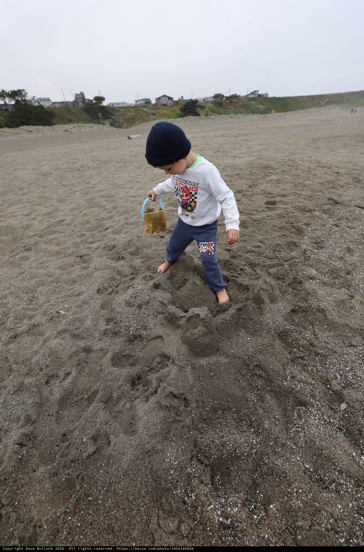 Young Boy Explores Misty Beach with Sand Bucket