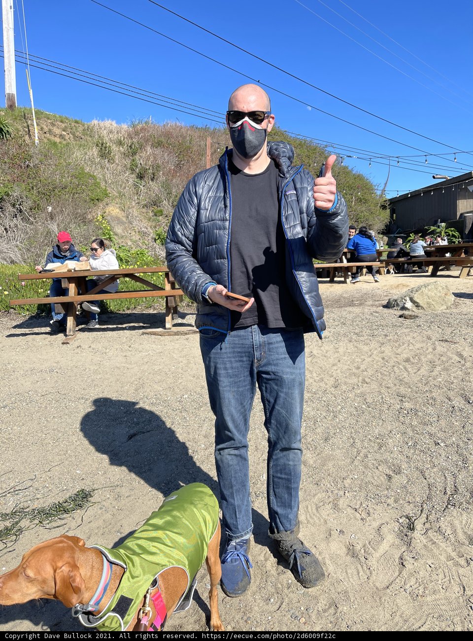 Masked man and his furry companion on the beach