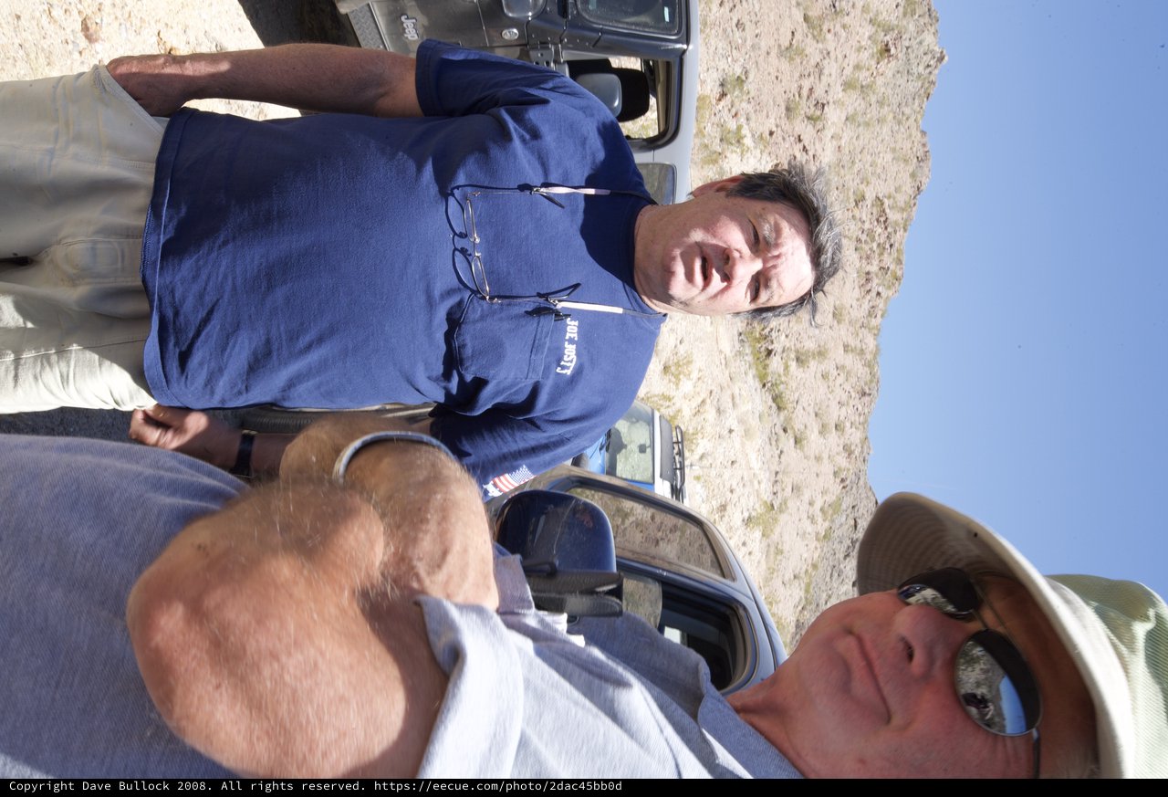 Two Men Conversing in Arid Desert Terrain