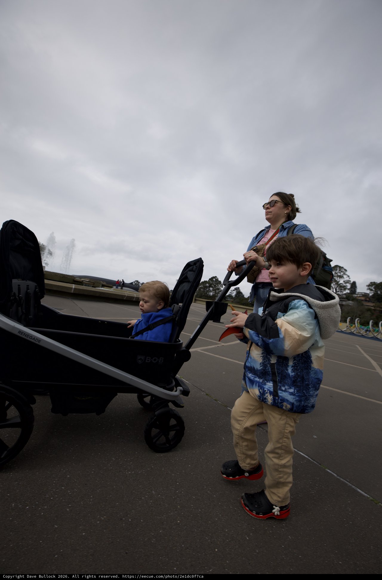 Family Outing with Stroller on Cloudy Day