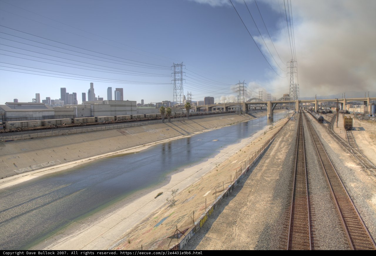 Griffith Park Fire and Downtown Los Angeles from 7th Street Bridge 