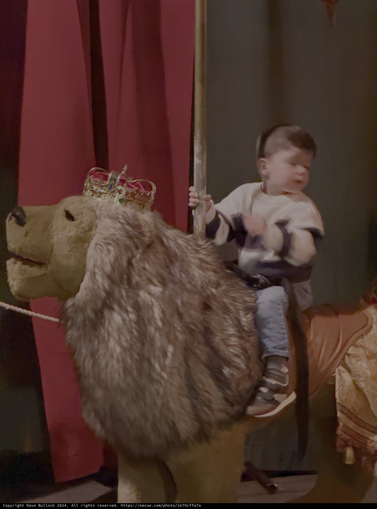 Child Riding Carousel Lion with Golden Crown