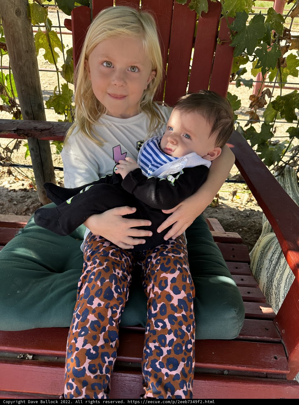Little Girl and Baby in Red Chair