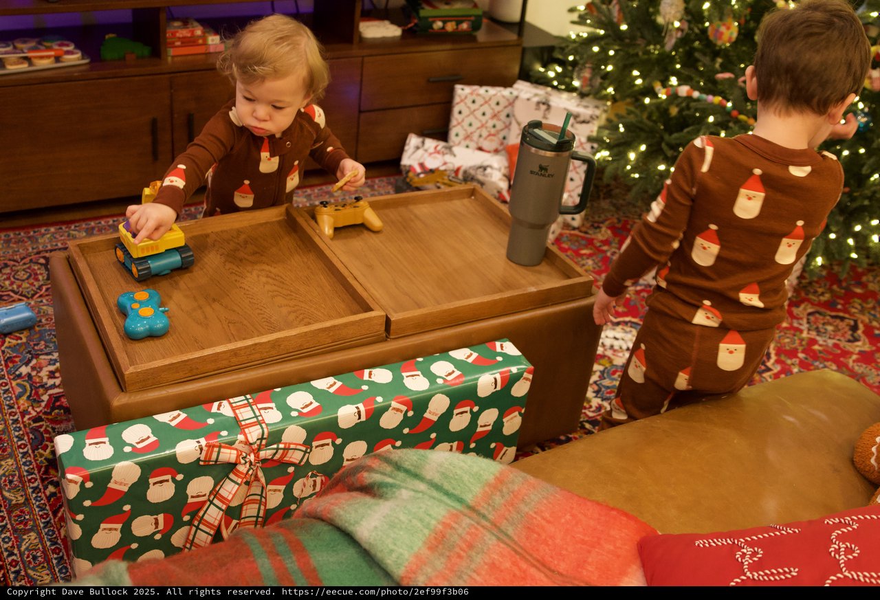 Christmas Morning Playtime with Toddlers in Matching Pajamas