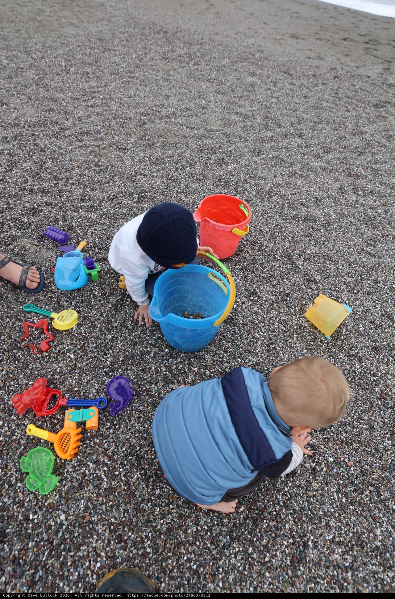 Toddlers Exploring Pebble Beach with Colorful Toys