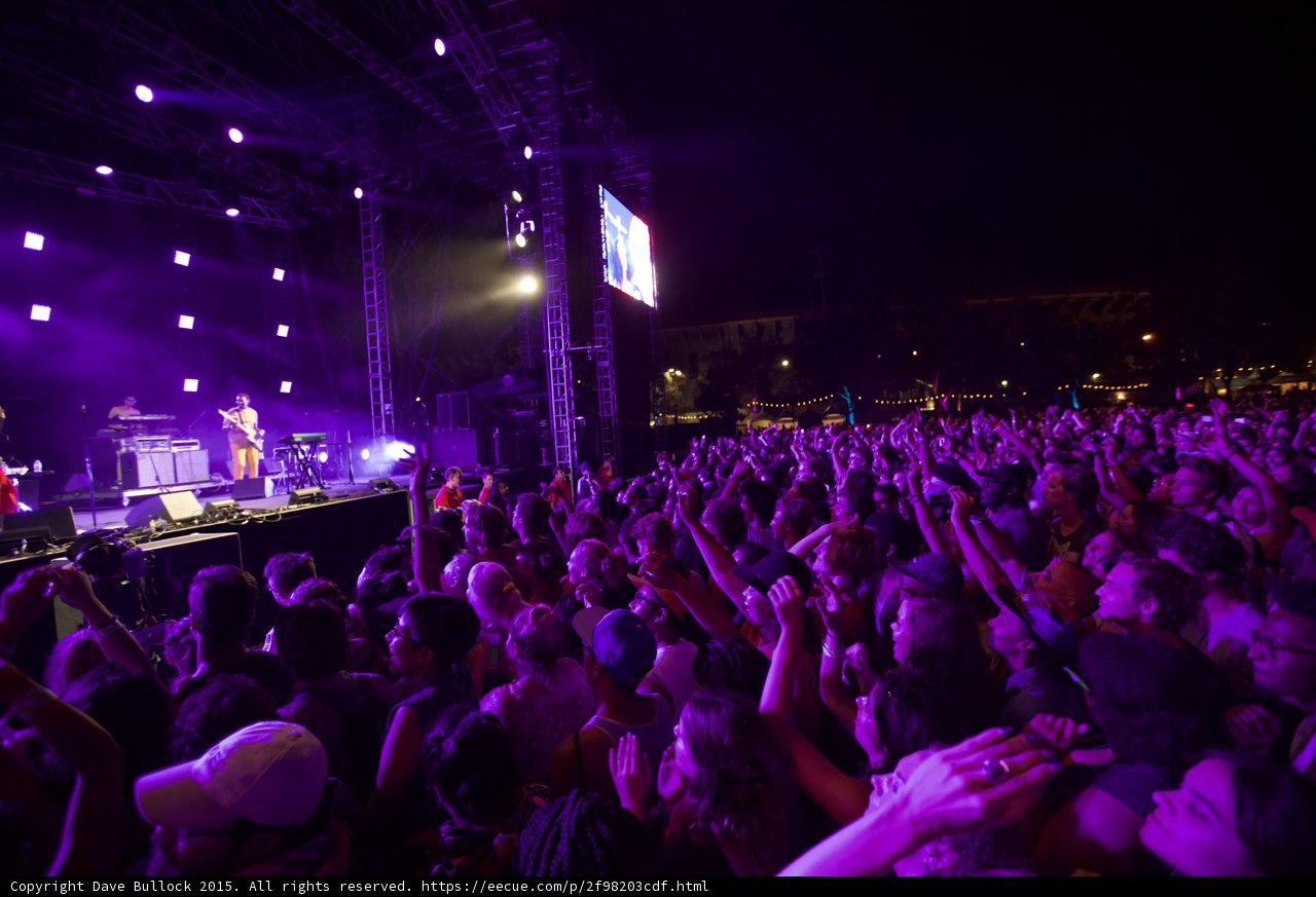 FYF Fest Wide Crowd Shot Stage Video Screen Scaffolding Purple Night