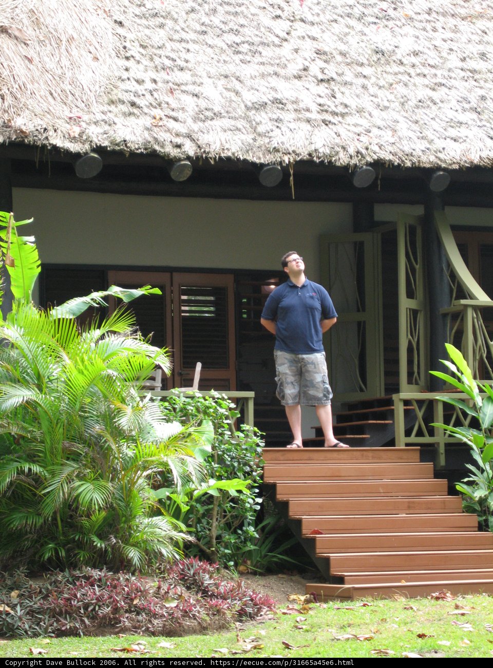 Man on wooden staircase leading to arbor