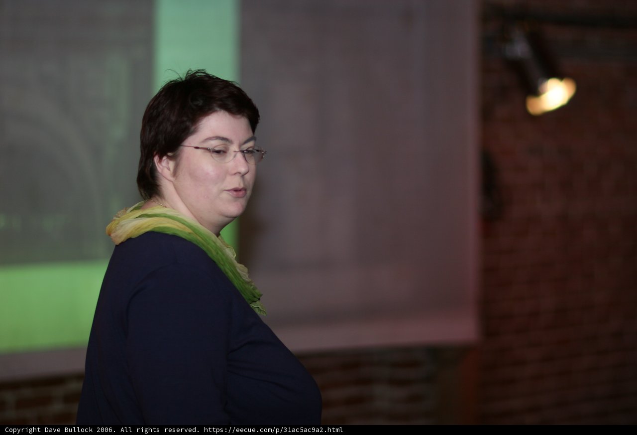 Woman with glasses and green scarf presenting in front of projector screen