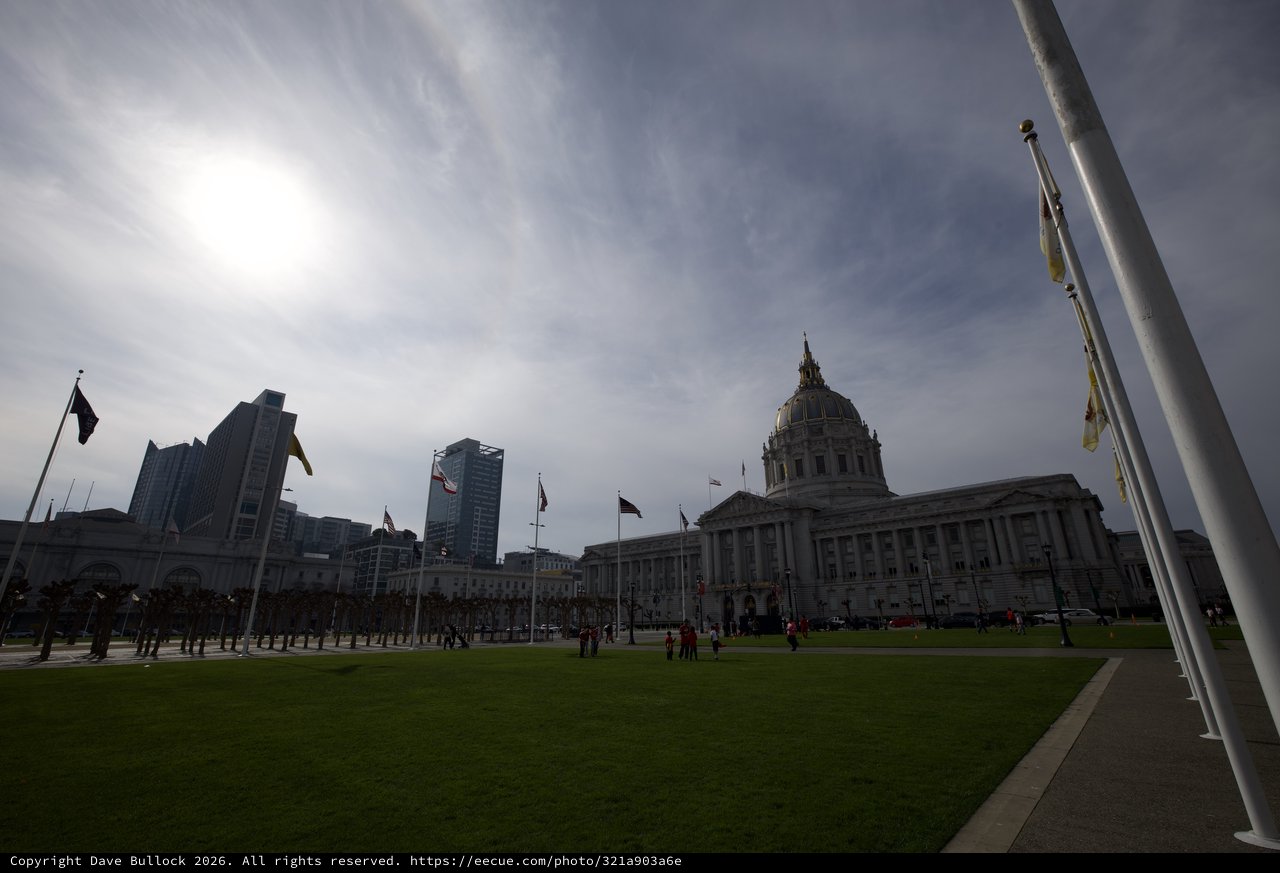 San Francisco City Hall at Dusk with Flags