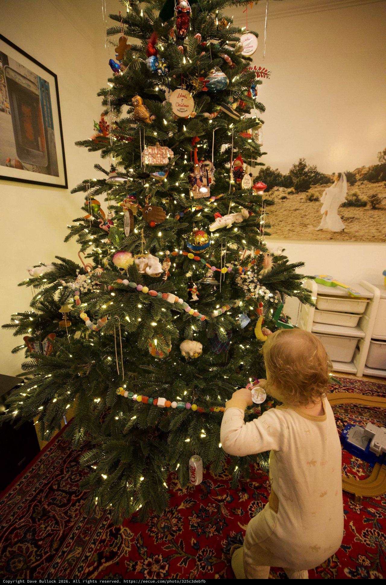 Toddler Admiring Decorated Christmas Tree at Home