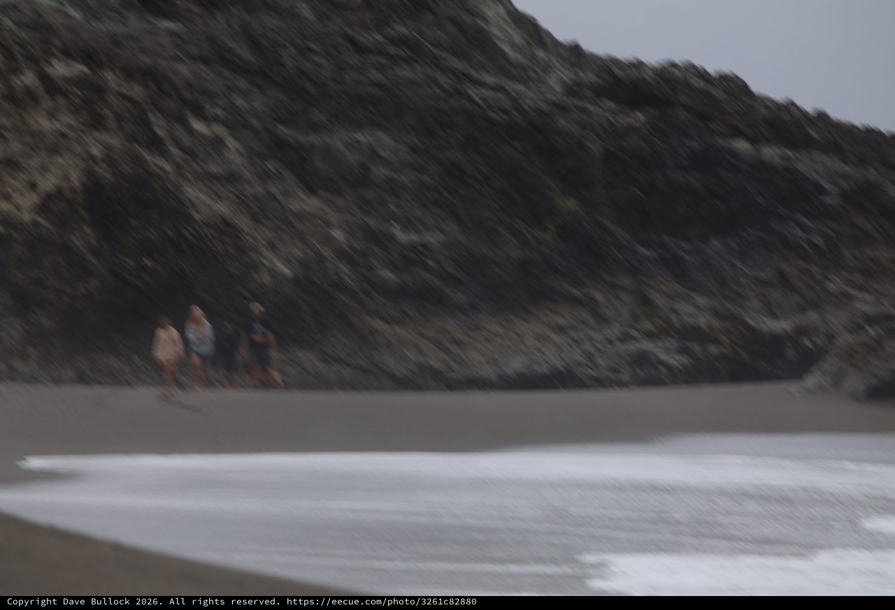 Figures Walking Along Rocky Coastal Beach