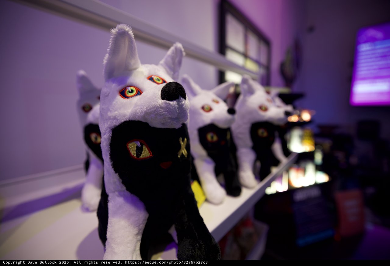 Plush Wolf Characters Display in Purple-Lit Room
