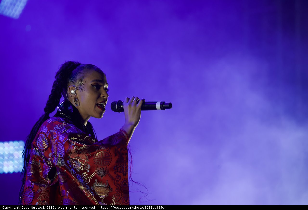 FKA twigs Stunning Profile Portrait Singing Baby Hairs Swirls Hoop Earrings Septum Ring Red Lipstick Black Choker Braided Ponytails Kimono Gold Chinese Patterns Purple Haze