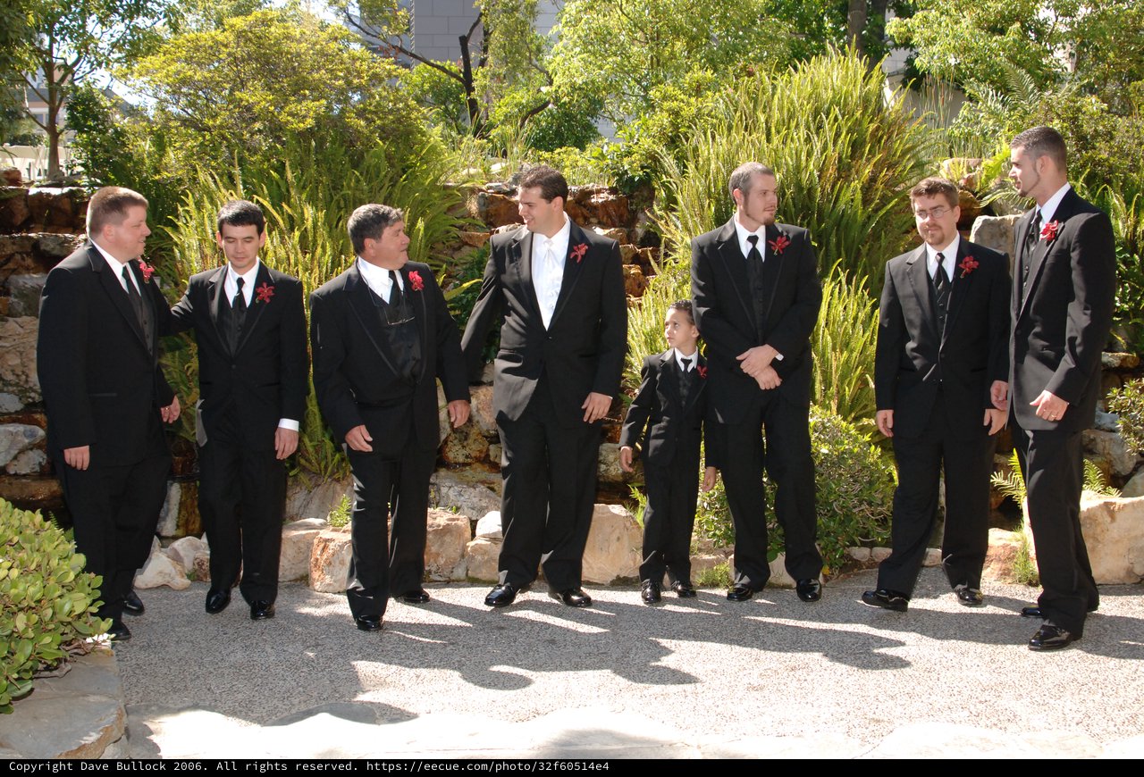 Groomsmen Gather in Garden Before Wedding Ceremony