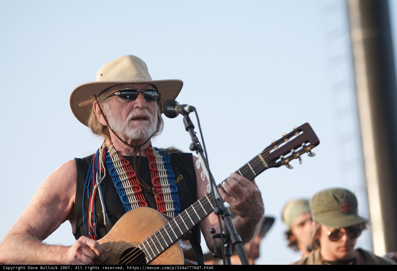 Willie Nelson Rocks the Okeechobee Music and Arts Festival Caption: Country legend Willie Nelson takes the stage in his signature cowboy hat and sunglasses, strumming his guitar and singing for the ecstatic crowd at the 2007 Okeechobee Music and Arts Festival.