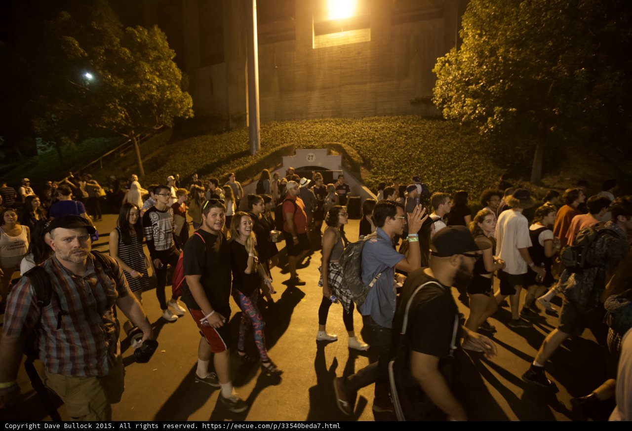 FYF Fest Festival Crowd Walking Night Tunnel Entrance 27 Ivy Wall Trees Street Lamp