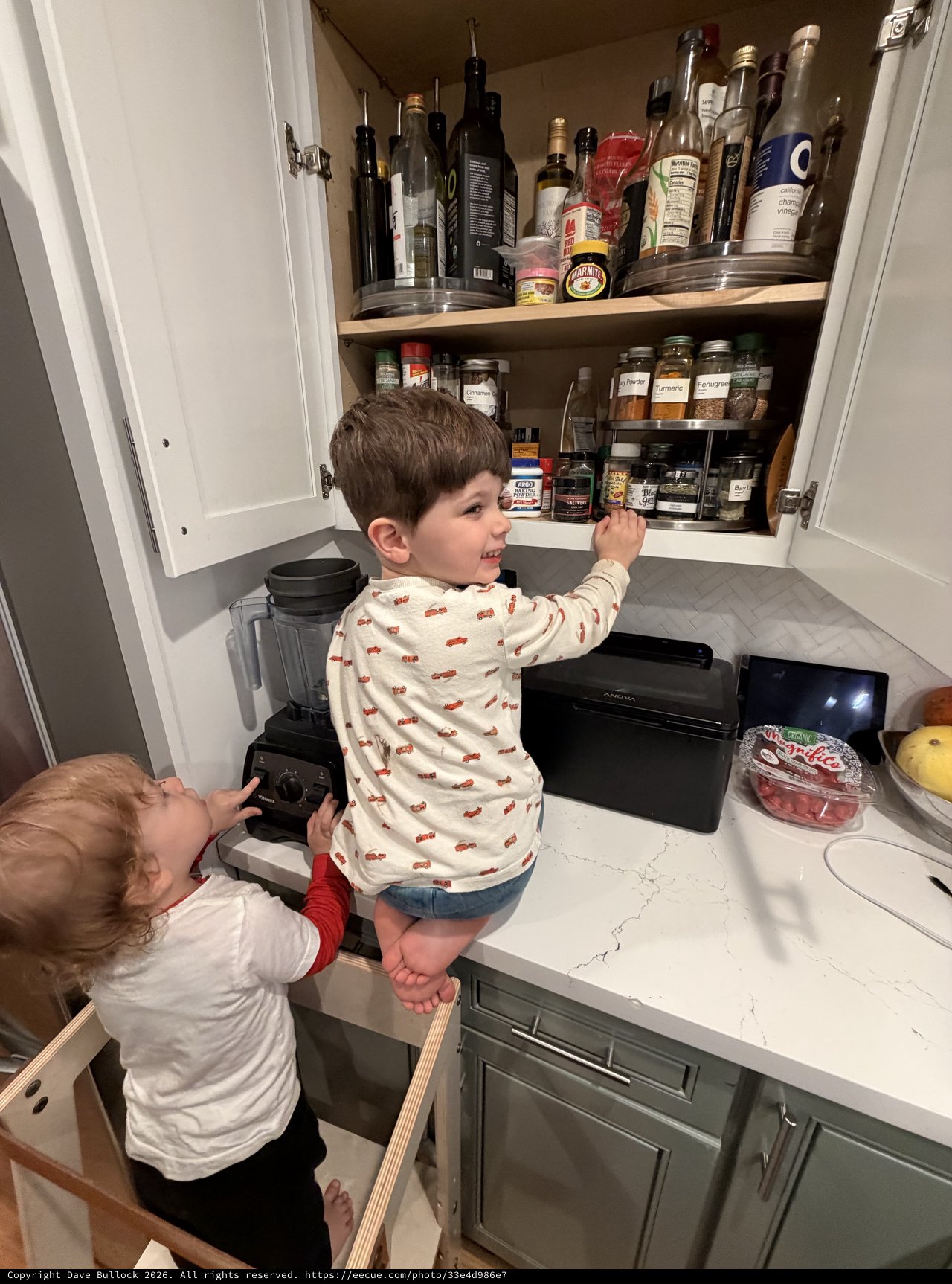 Brothers Reaching for Spices in Kitchen Cabinet