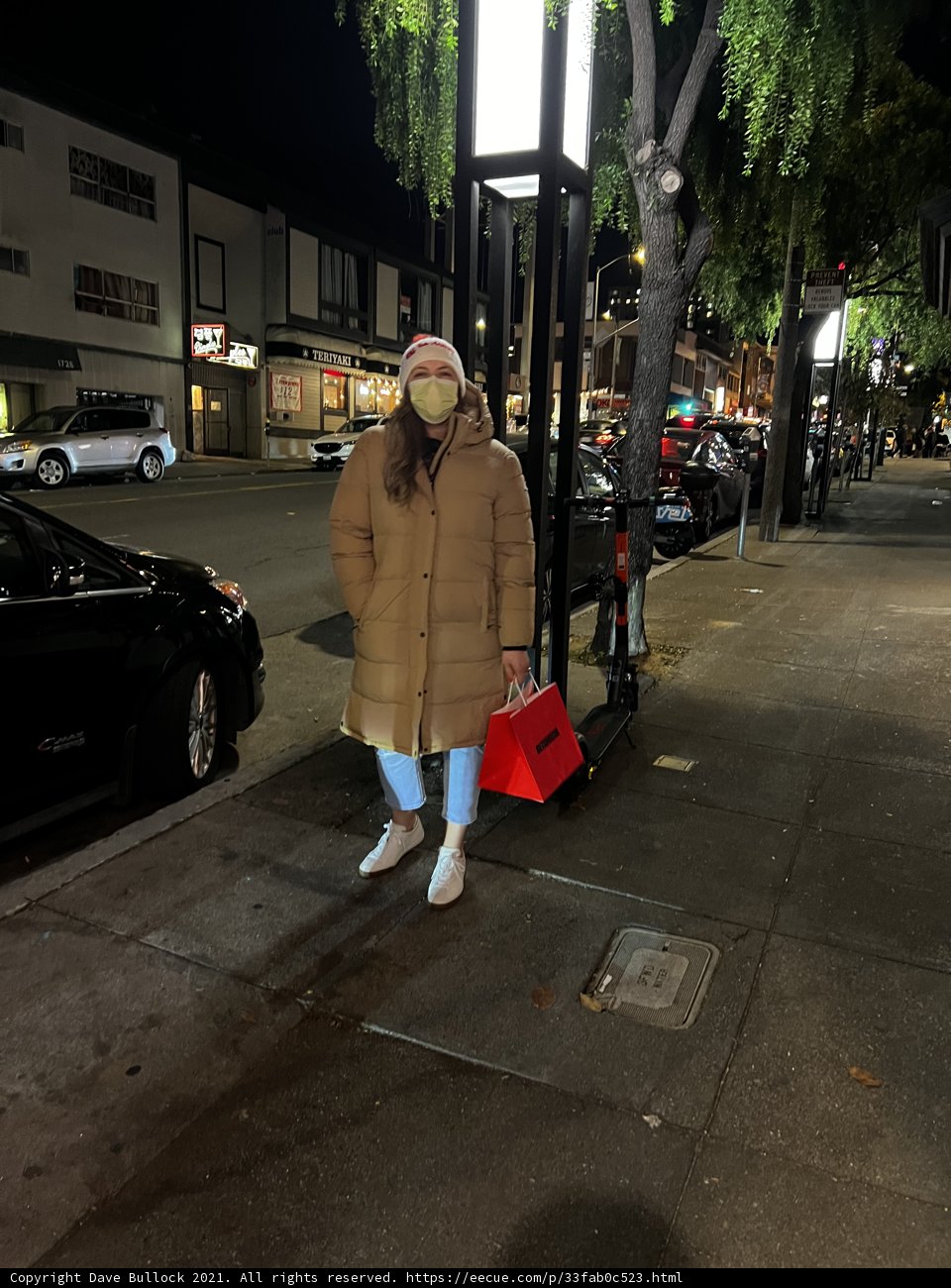 Masked Lady with Red Bag at the Busy San Francisco Street