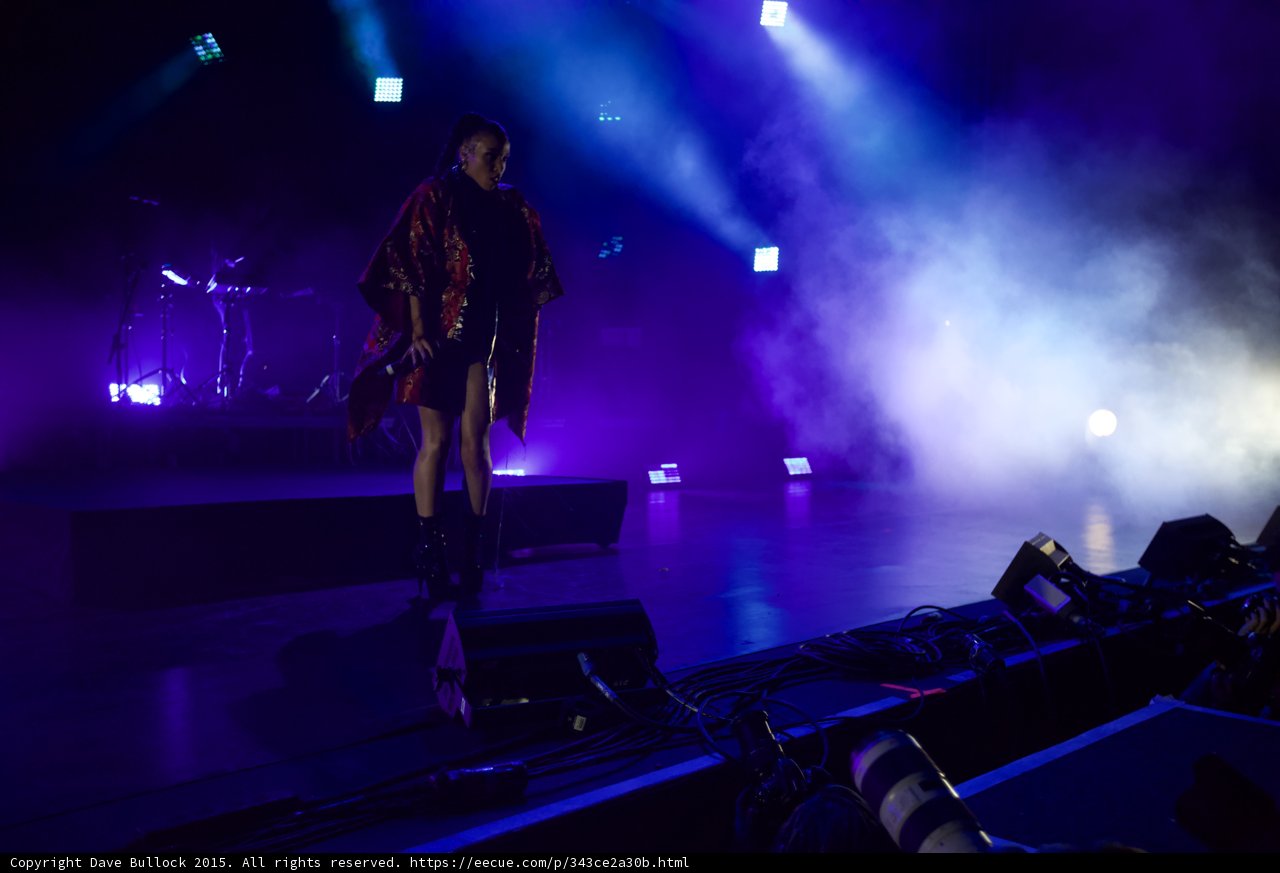 FKA twigs Full Body Wide Blue Purple Lighting Red Brocade Kimono Black Bodysuit Boots Looking Down Contemplative Photographers Moon Band