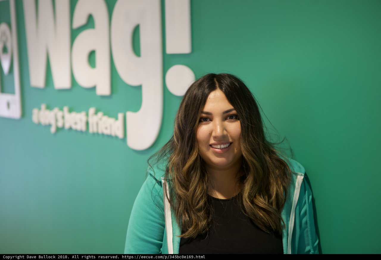Smiling Woman in Front of Wag Logo