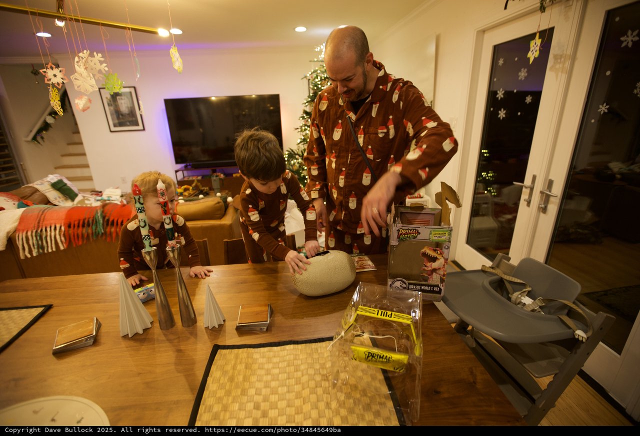 Father and Sons Building Christmas Dinosaur Models Together