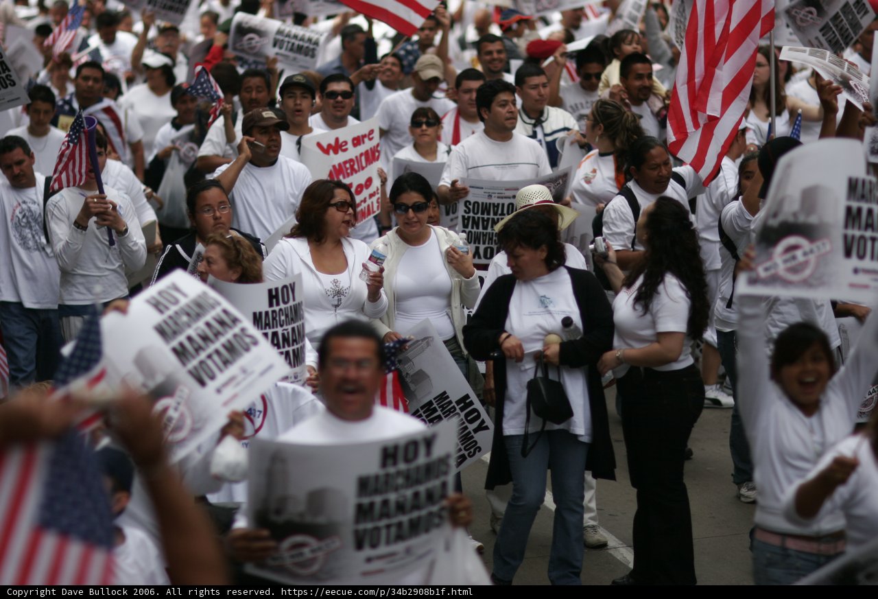 Protesters Marching with Flags and Signs