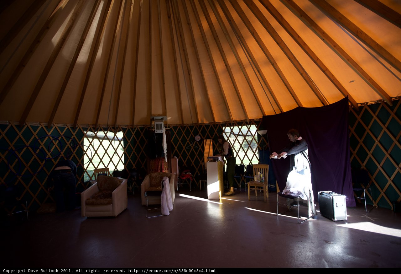 Center Stage in the Yurt Caption: A solo performer commands attention in the cozy yurt setting, surrounded by warm lighting and rustic furniture.