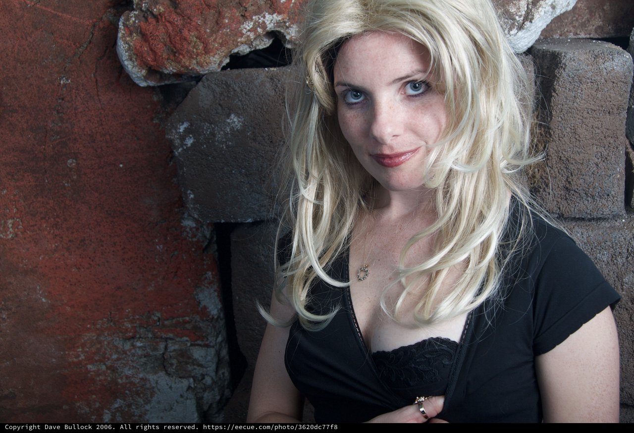 Blonde Woman Poses Against Rustic Brick Wall