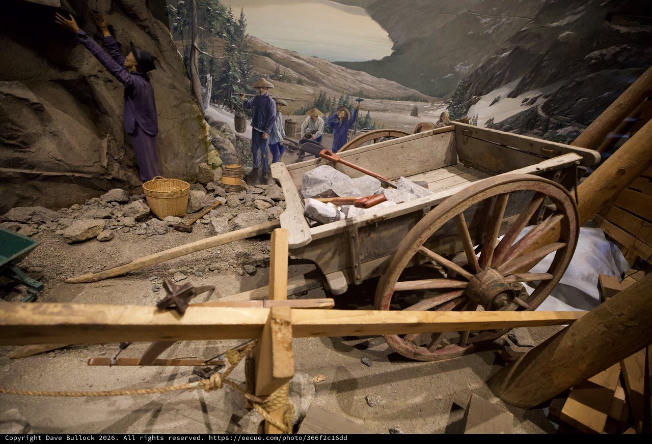 Historical Mining Diorama with Wooden Cart and Workers
