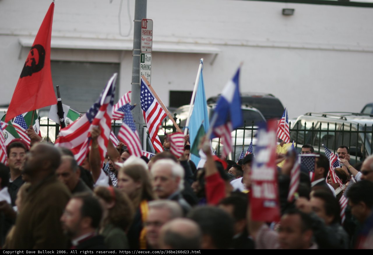 American and Mexican Flags Held High by Crowd