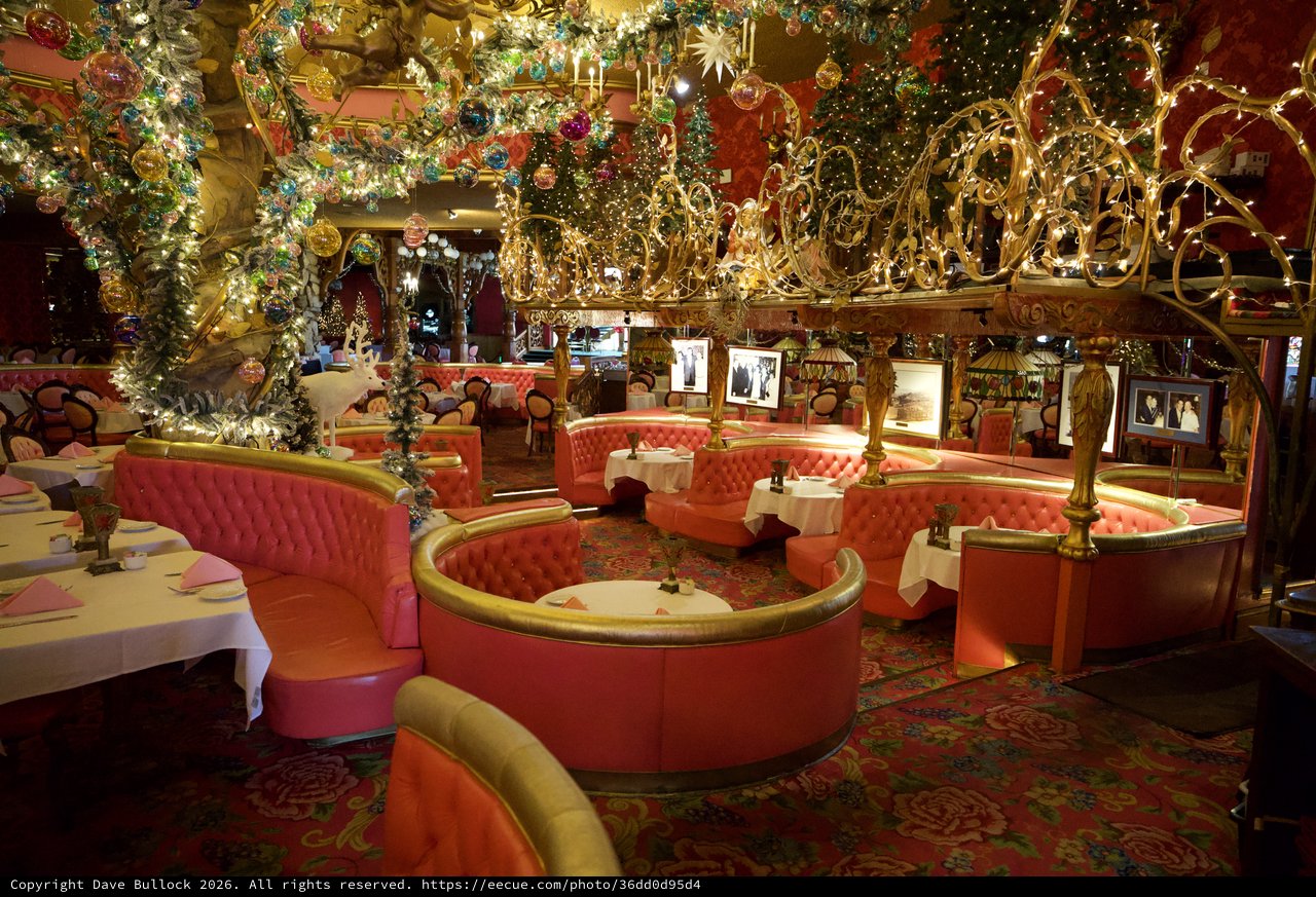 Opulent Madonna Inn Dining Room with Extravagant Christmas Decorations