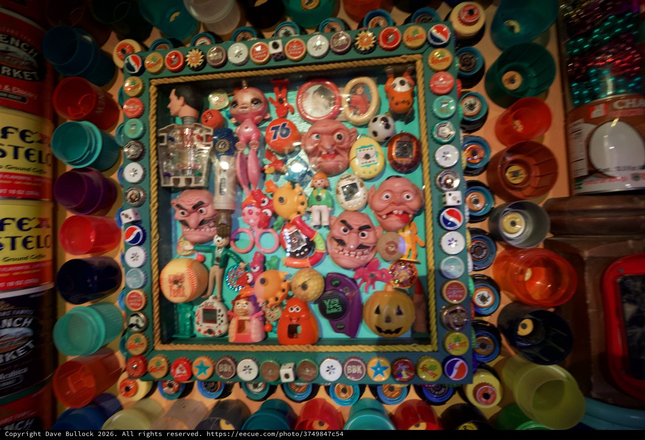 Eclectic Folk Art Assemblage with Vintage Toys and Bottle Caps