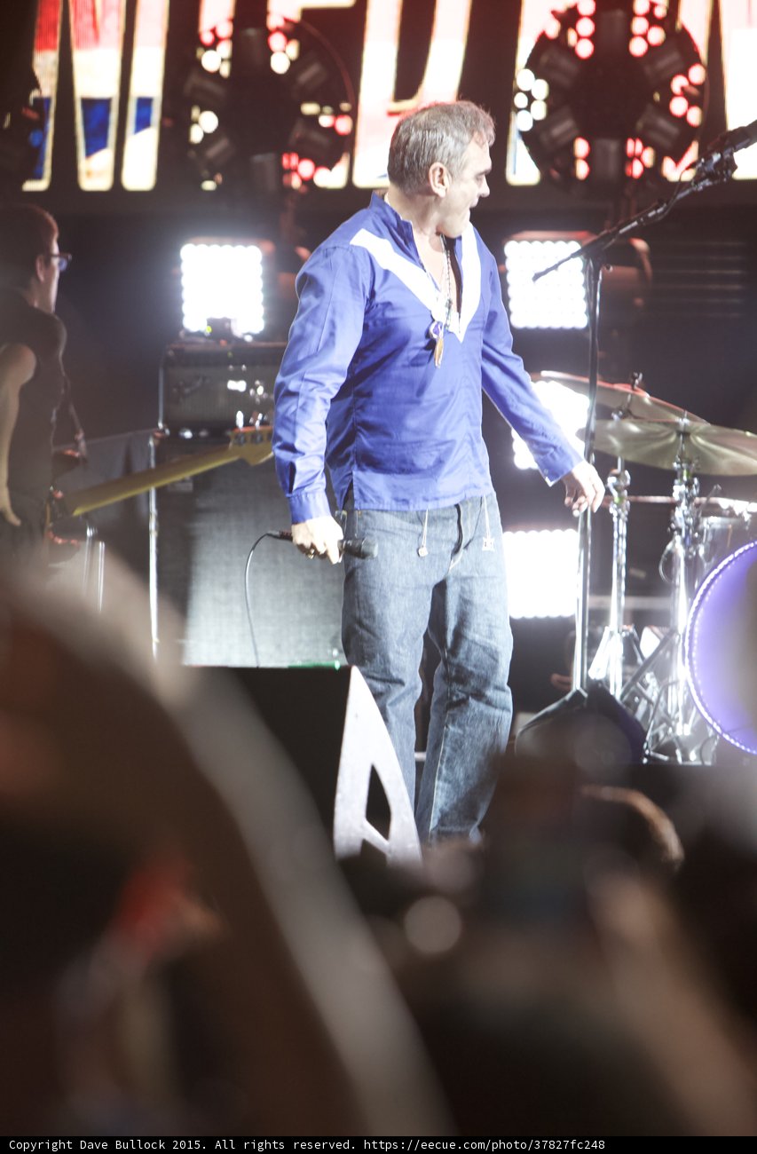 Morrissey Smiling Full Body Blue Shirt Bassist Glasses Drums LED Head Purple Cymbals UNITED Screen Crowd Arm