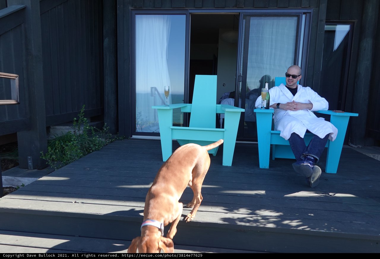 Man Relaxing with Dog on Modern Deck