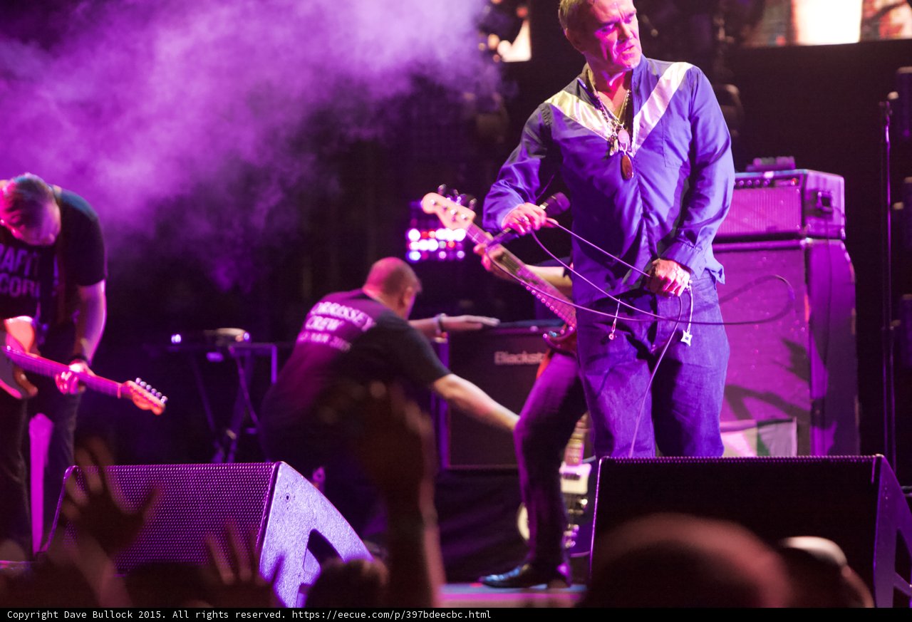 Morrissey Stage Edge Mic Cord Blue Shirt Necklaces Purple Haze Bassist Capitol Tee Crew Crouching Blackstar