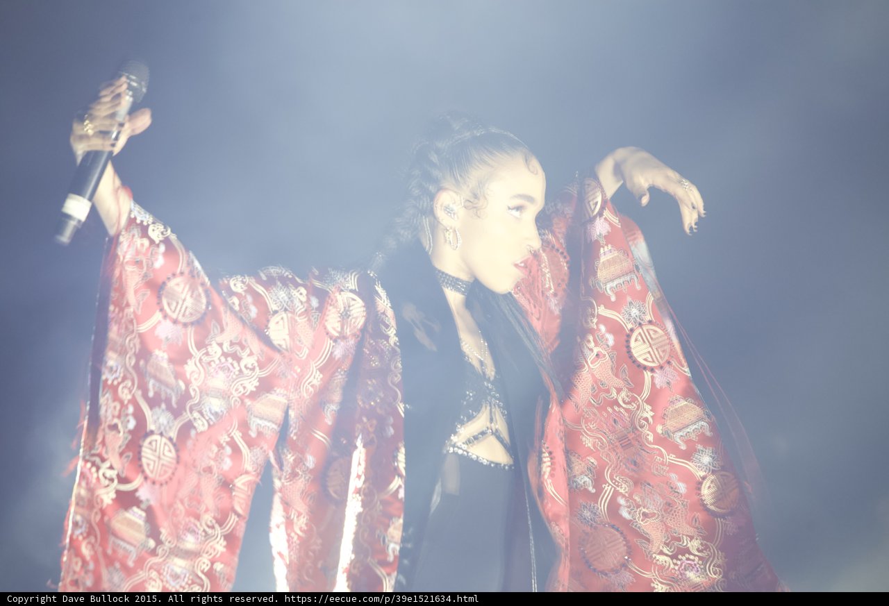 FKA twigs Microphone Motion Blur Kimono Sleeves Baby Hairs Hoop Earrings Dramatic Pose Profile