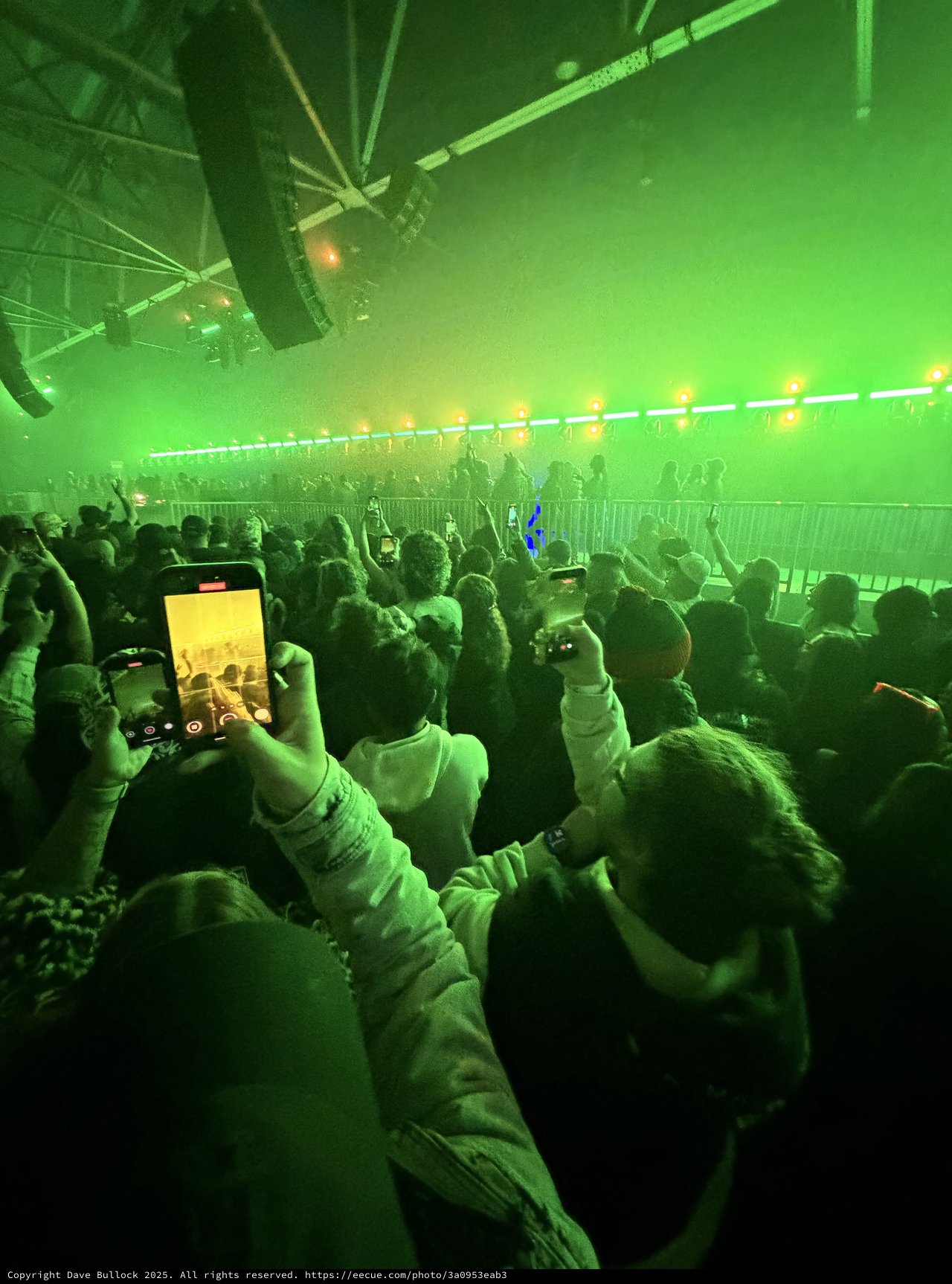Concert Crowd Immersed in Green Laser Light Show