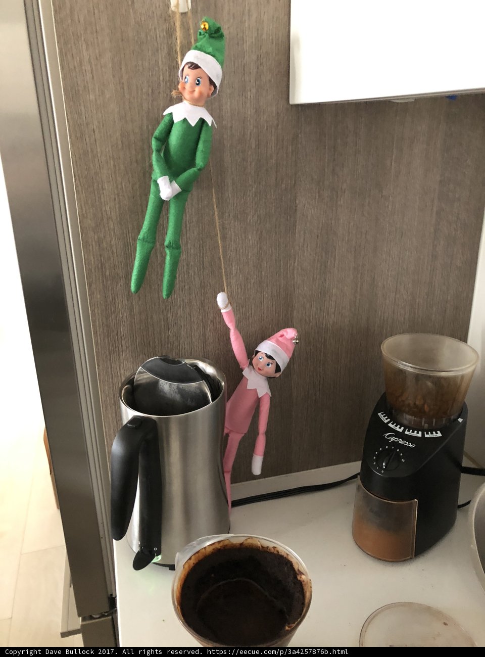 Elf Dolls Perched on a Coffee Maker