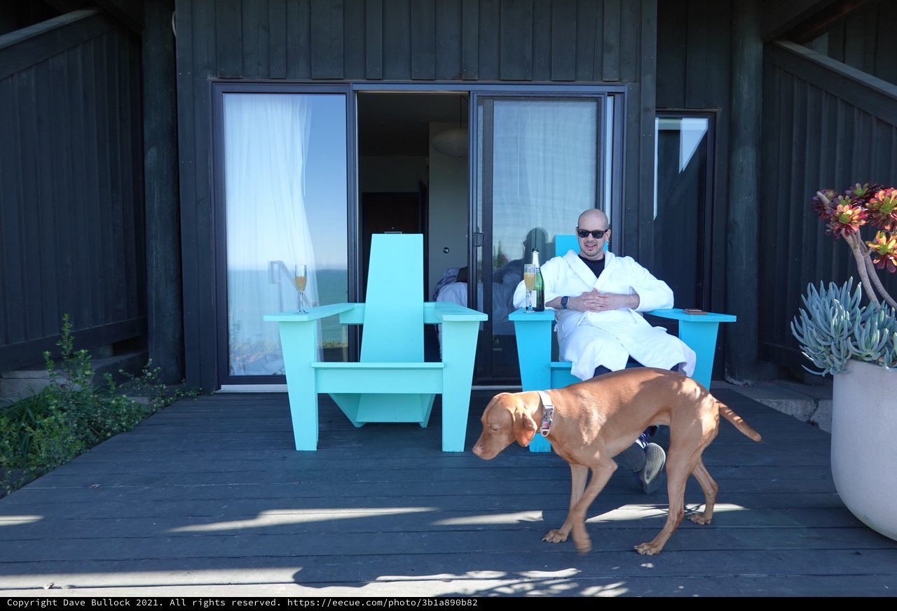 Man Relaxing with Dog on Modern Deck