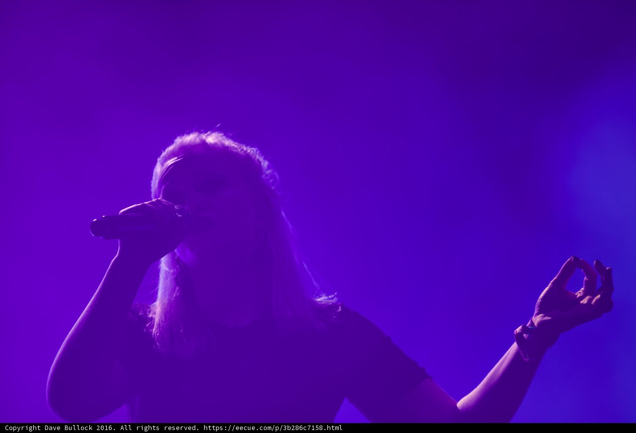 Rocking the Stage Caption: An entertainer gives a solo performance, belting out tunes into the microphone as the crowd watches on under the purple lights at Coachella 2016.