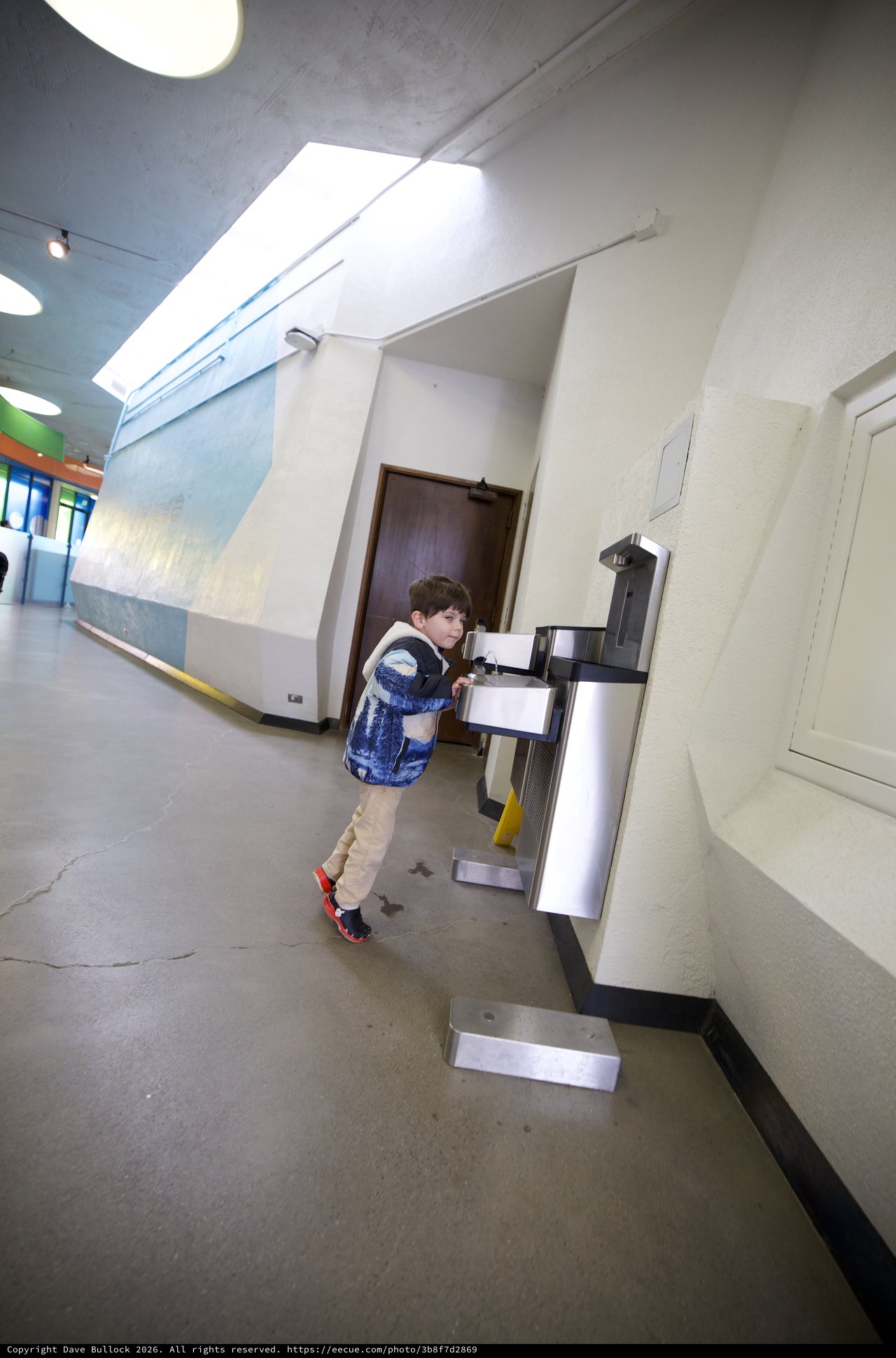 Young Student at Water Fountain in School Hallway