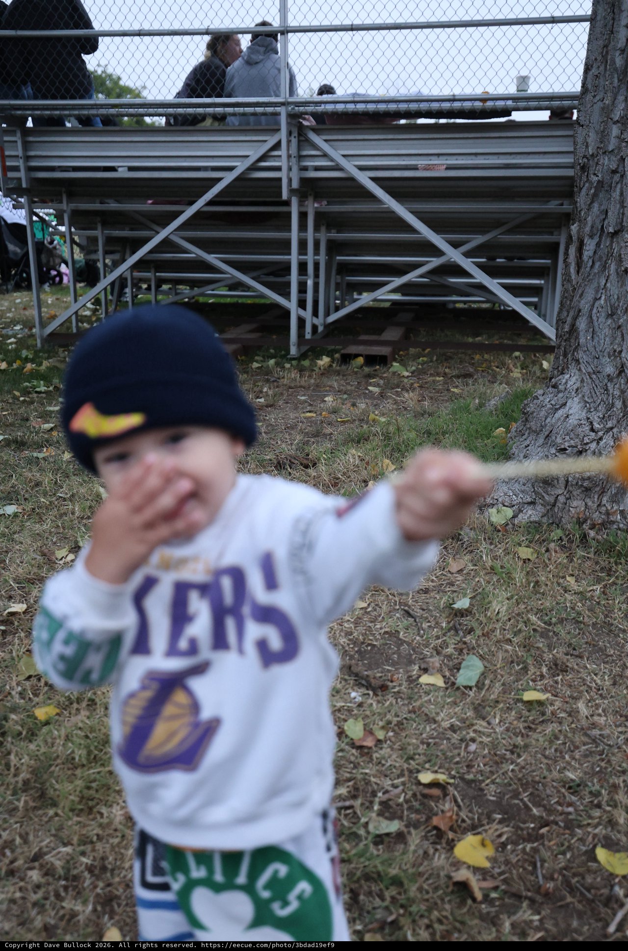 Young Lakers Fan Swings Stick at Autumn Bleachers