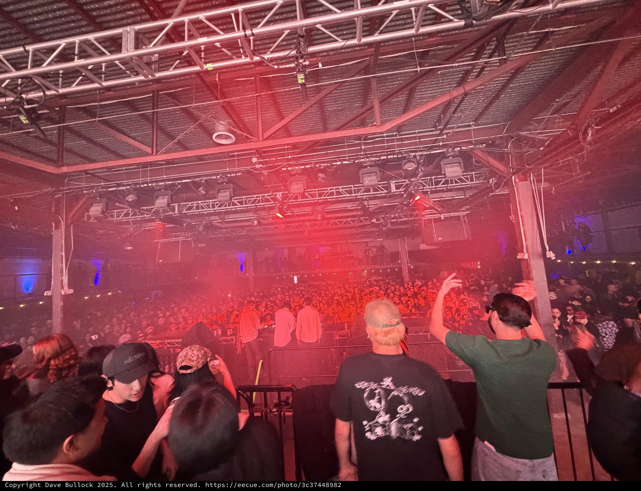 Red-Lit Concert Crowd at Indoor Music Venue