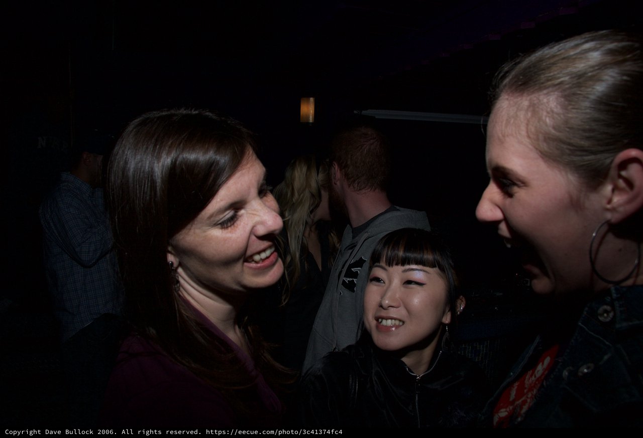 Three Women Share Laughter at Nighttime Gathering